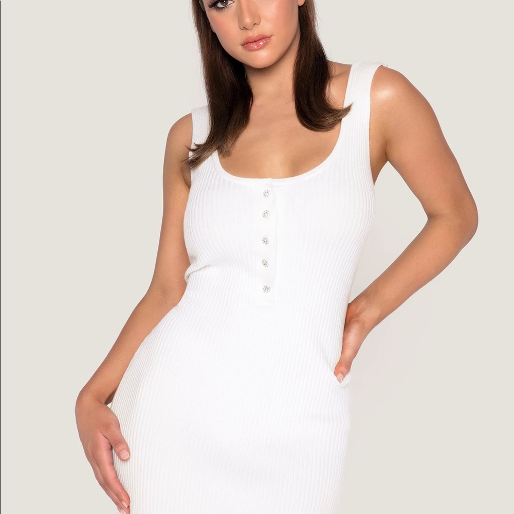 Meshki white mini dress. Ribbed with diamond buttons. Medium in size.